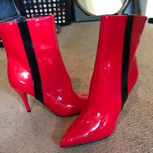 Patent red booties with stiletto heel